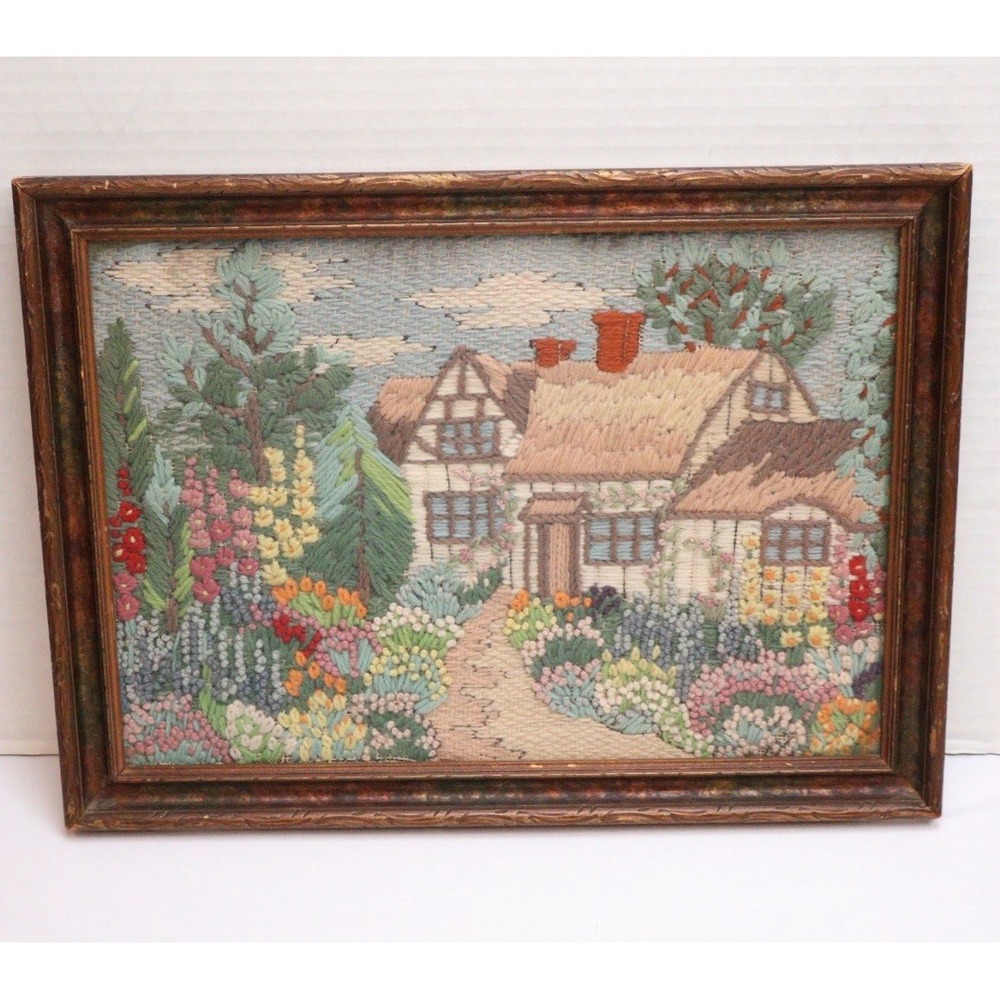 Antique Handmade Framed Crewel Embroidery English Flowers Cottage Garden Art